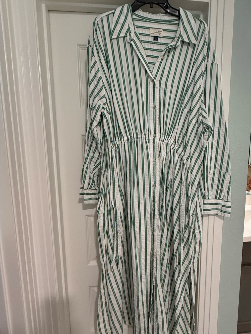 Green & White Striped Button-Front Shirt Dress